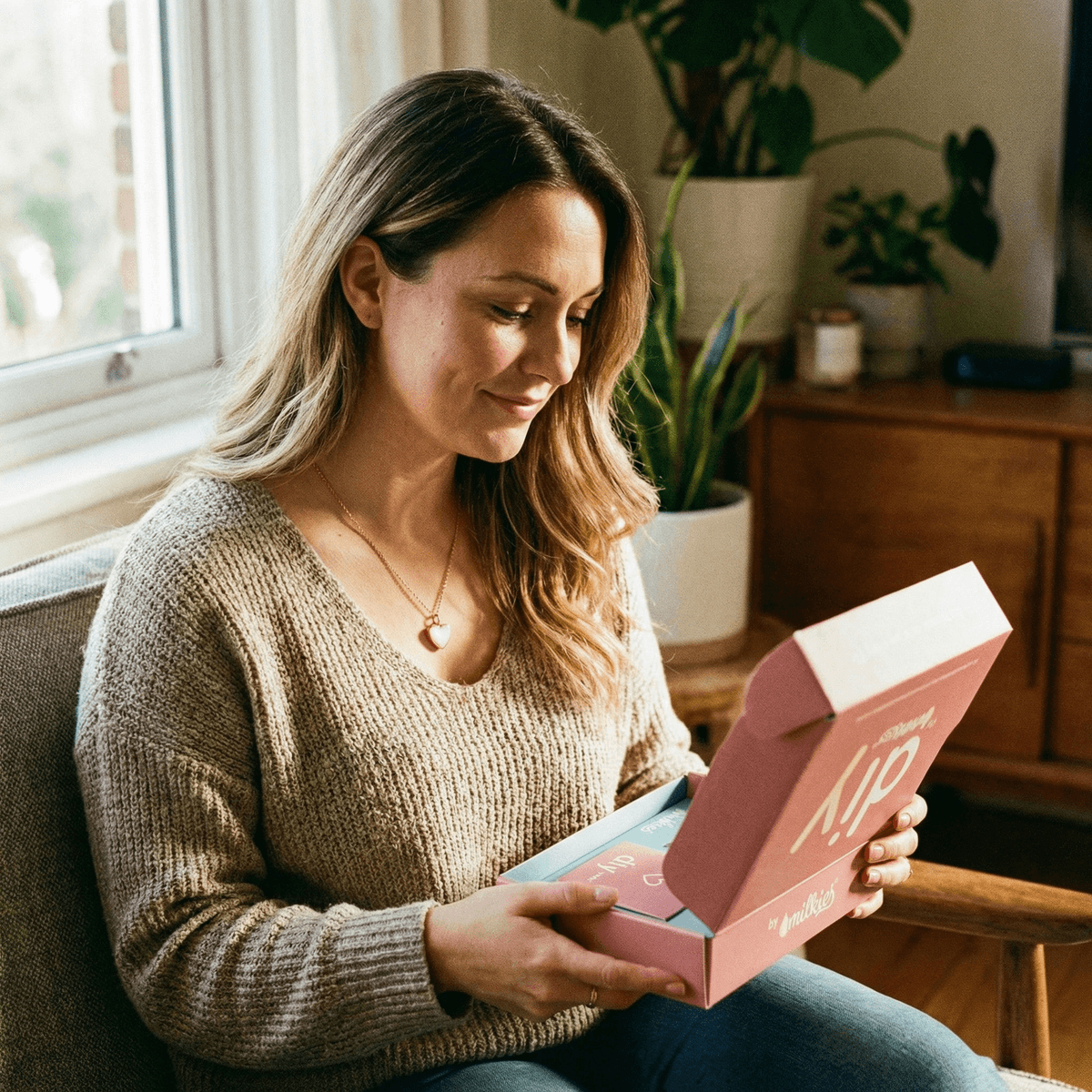 Smiling mom unboxing a pink DIY by MILKIES breastmilk keepsake kit at home, highlighting why it’s a meaningful push present for wife with an easy at-home process to create a personal memory.
