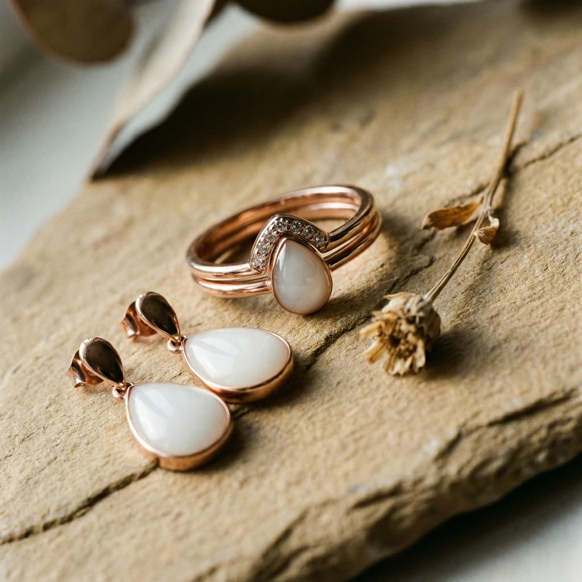 Rose-gold ring and matching teardrop breastmilk jewelry earrings with creamy white resin stones on natural stone with dried flowers, elegant push present ideas for new moms.