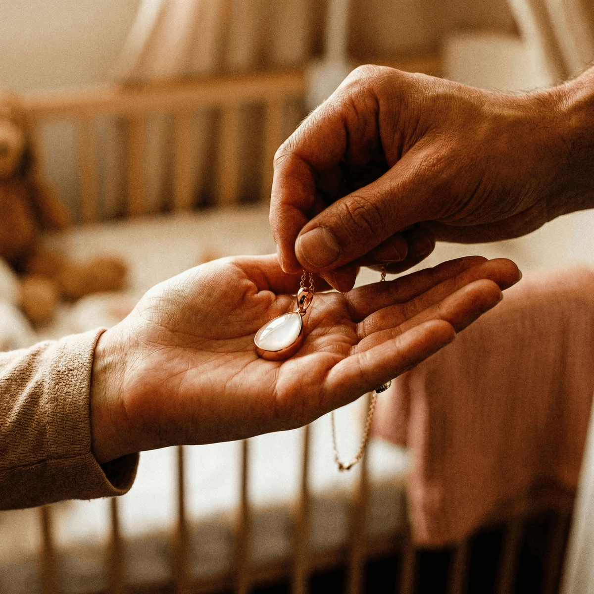 Cozy nursery scene showing hands gifting a gold pendant necklace with a milky white stone, a keepsake jewelry option for push present ideas for new moms.