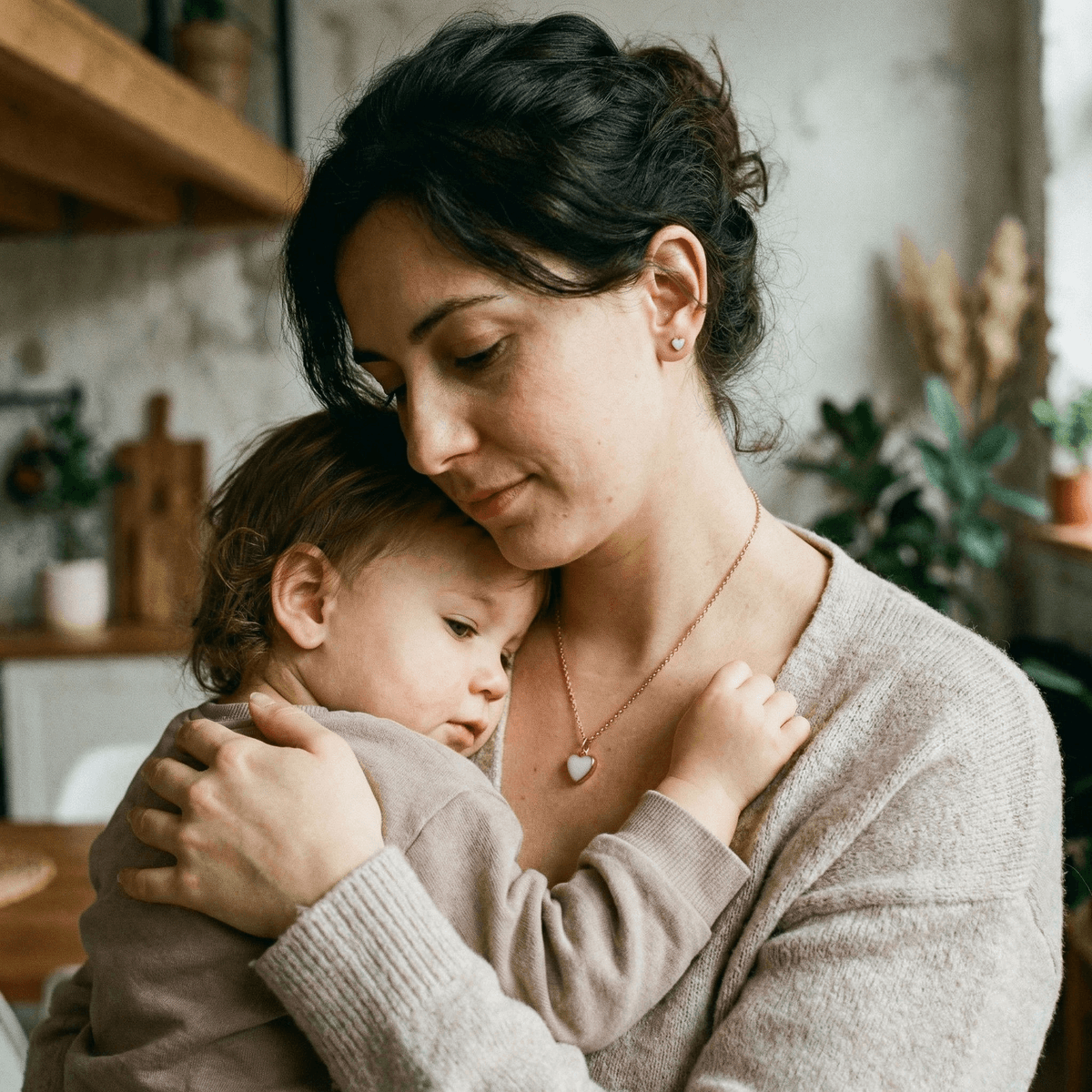 Mother cuddling her toddler at home during stopping breastfeeding, wearing a heart-shaped breastmilk keepsake necklace made with a DIY by MILKIES kit.