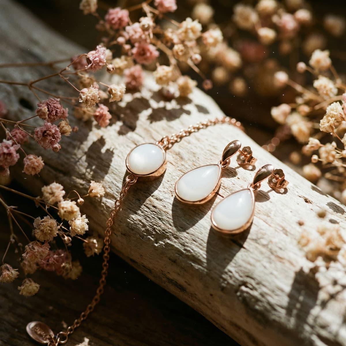 Rose-gold breastmilk keepsake jewelry set featuring an oval pendant necklace and matching teardrop earrings displayed on a rustic wooden log with dried flowers, a meaningful memento for moms stopping breastfeeding.