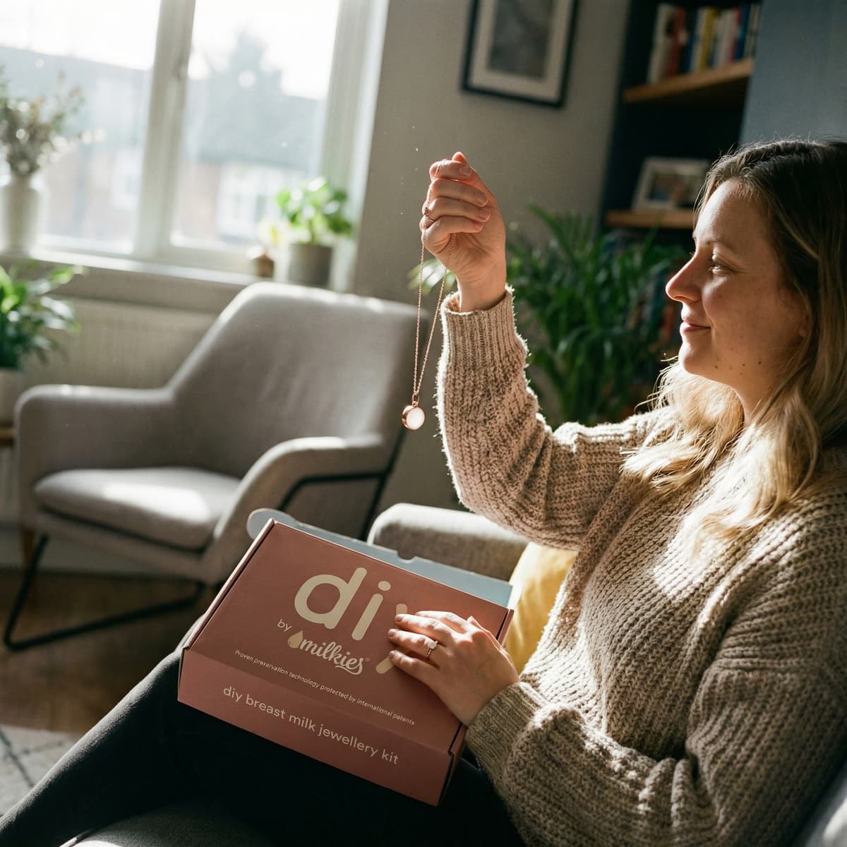 Woman at home holding a breastmilk keepsake necklace next to a DIY by MILKIES jewellery kit box, showing a meaningful way to preserve a memory when stopping breastfeeding.