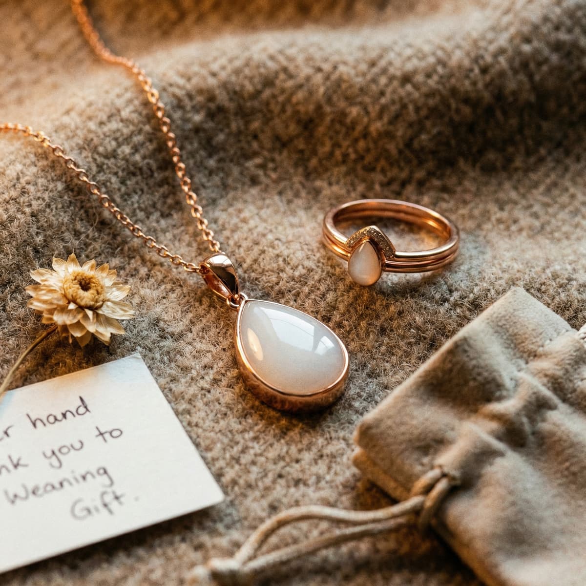 Rose-gold breastmilk jewelry necklace and matching ring displayed on a beige knit beside a handwritten note about a weaning gift and a small dried flower