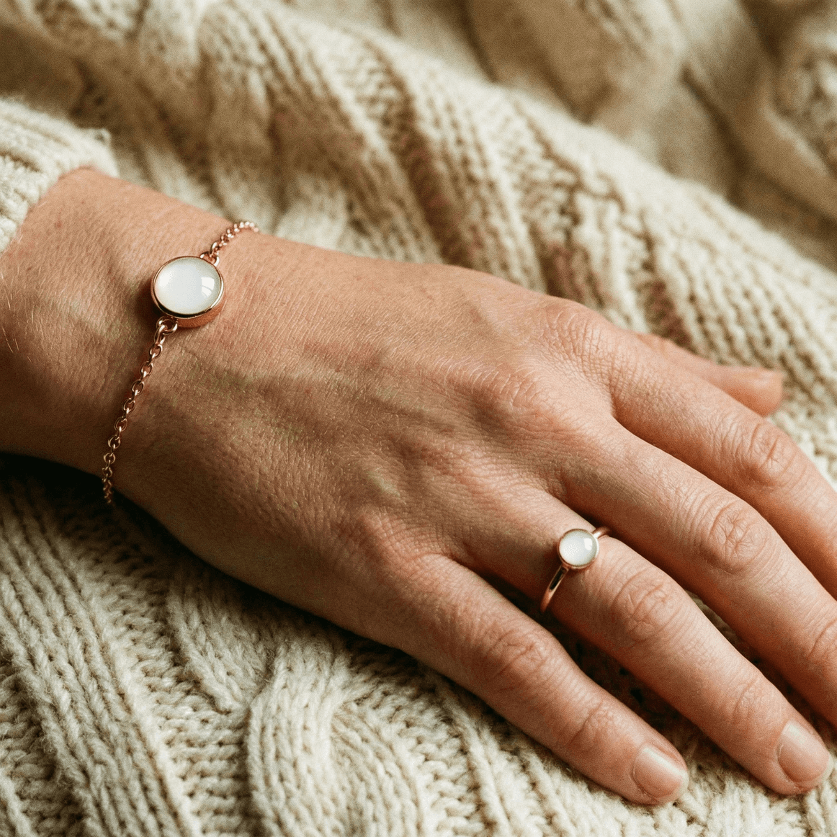 Hand resting on a cozy knitted blanket wearing a delicate gold bracelet and ring with milky white resin stones, a sentimental weaning gift jewelry set.