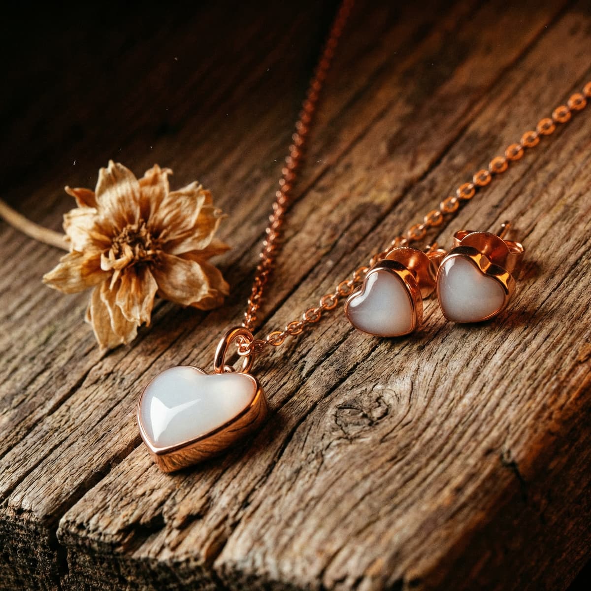 Rose gold heart pendant necklace and matching heart stud earrings with milky white resin stones on rustic wood, featuring a delicate dried flower accent as a 1 year breastfeeding keepsake jewelry set.