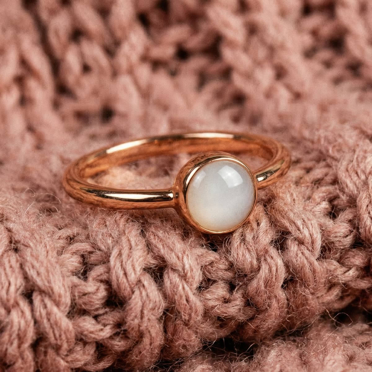 Rose gold breastmilk keepsake ring with milky white resin stone on a soft pink knitted blanket, celebrating a 6 months breastfeeding award milestone