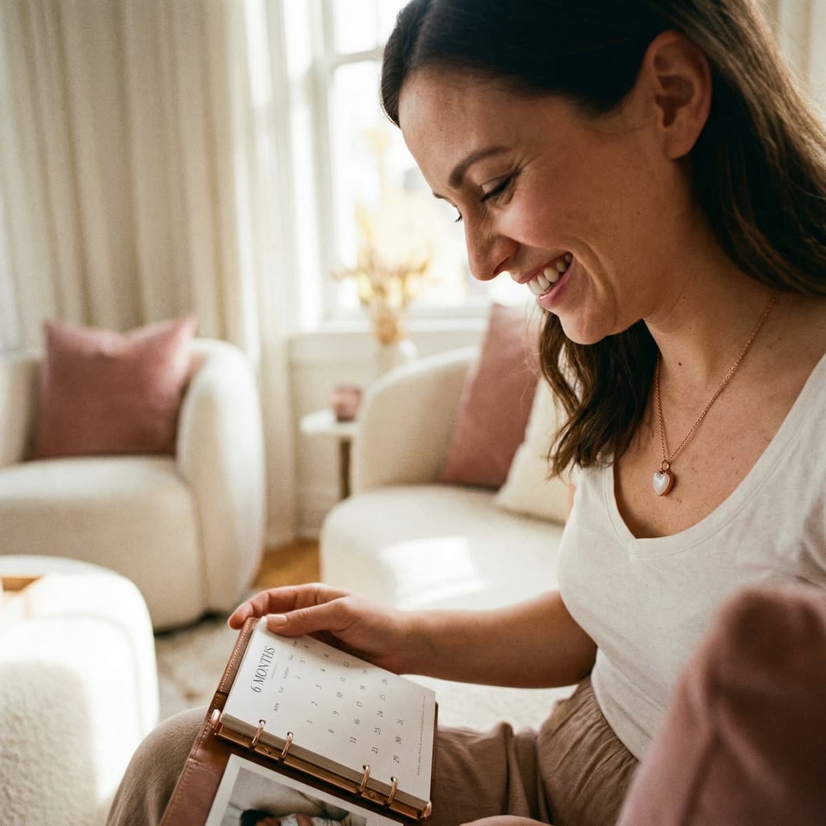 Smiling mother in a bright living room flipping through a planner labeled “6 months” while wearing a heart pendant, celebrating her 6 months breastfeeding award milestone.