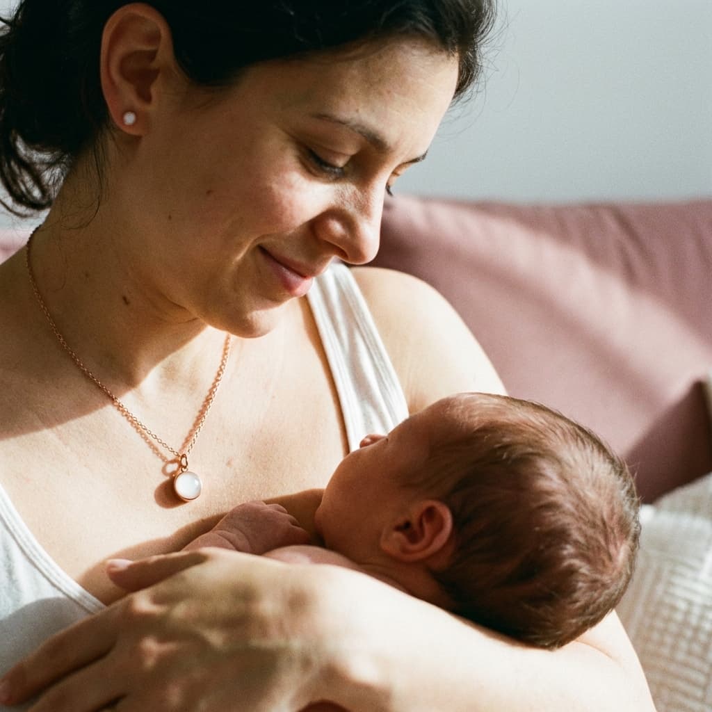 Mother cradling her newborn while wearing a milky-white pendant, showing why a breast milk jewellery diy kit is a meaningful way to preserve a breastfeeding memory at home.