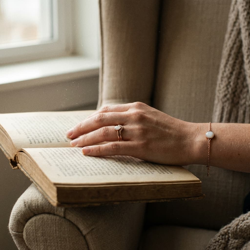 Woman’s hand resting on an open book by a window, wearing a minimalist white stone ring and bracelet made with a breast milk jewellery diy kit.