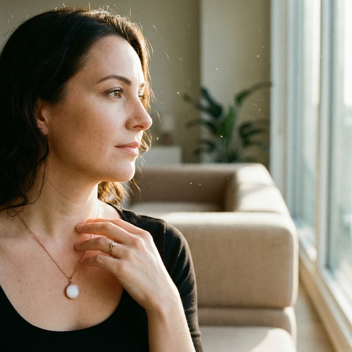 Sunlit living room scene of a woman wearing a white resin pendant necklace created with a breast milk jewellery making kit, highlighting a handmade keepsake on display.