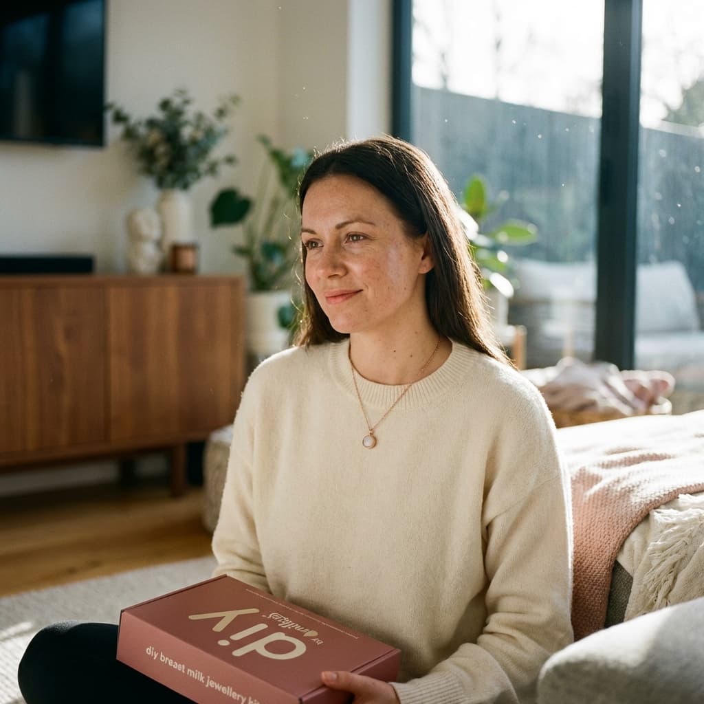 Mother sitting on a sofa holding a boxed breast milk jewellery making kit, highlighting the DIY by MILKIES at-home option as a meaningful, private way to create a keepsake.