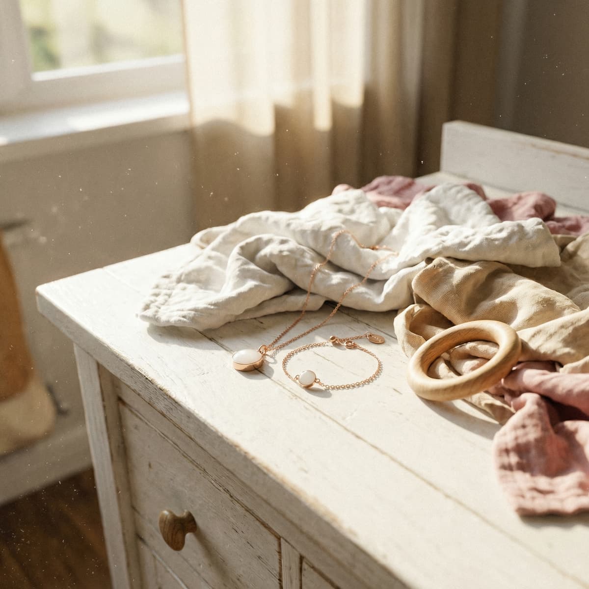 Sunlit bedside table with rose-gold jewelry, soft baby swaddles, and a wooden teething ring—an elegant breastfeeding new mother gift idea for preserving early motherhood memories.