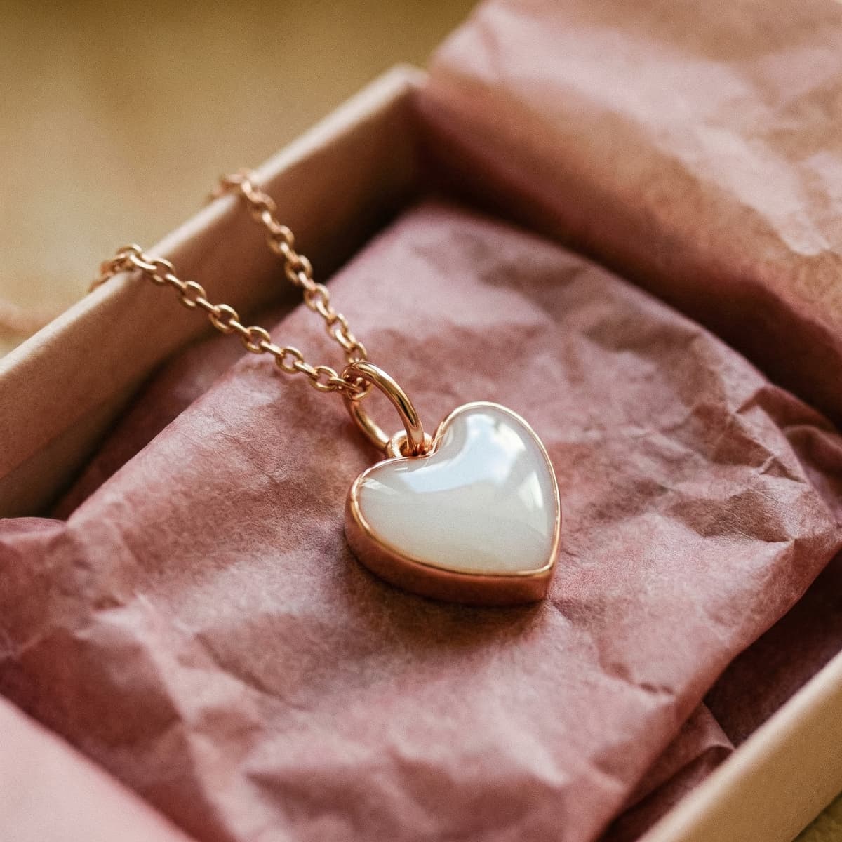 Rose gold heart-shaped breastmilk keepsake necklace with milky-white resin pendant in a gift box, a meaningful breastfeeding new mother gift on a delicate chain.
