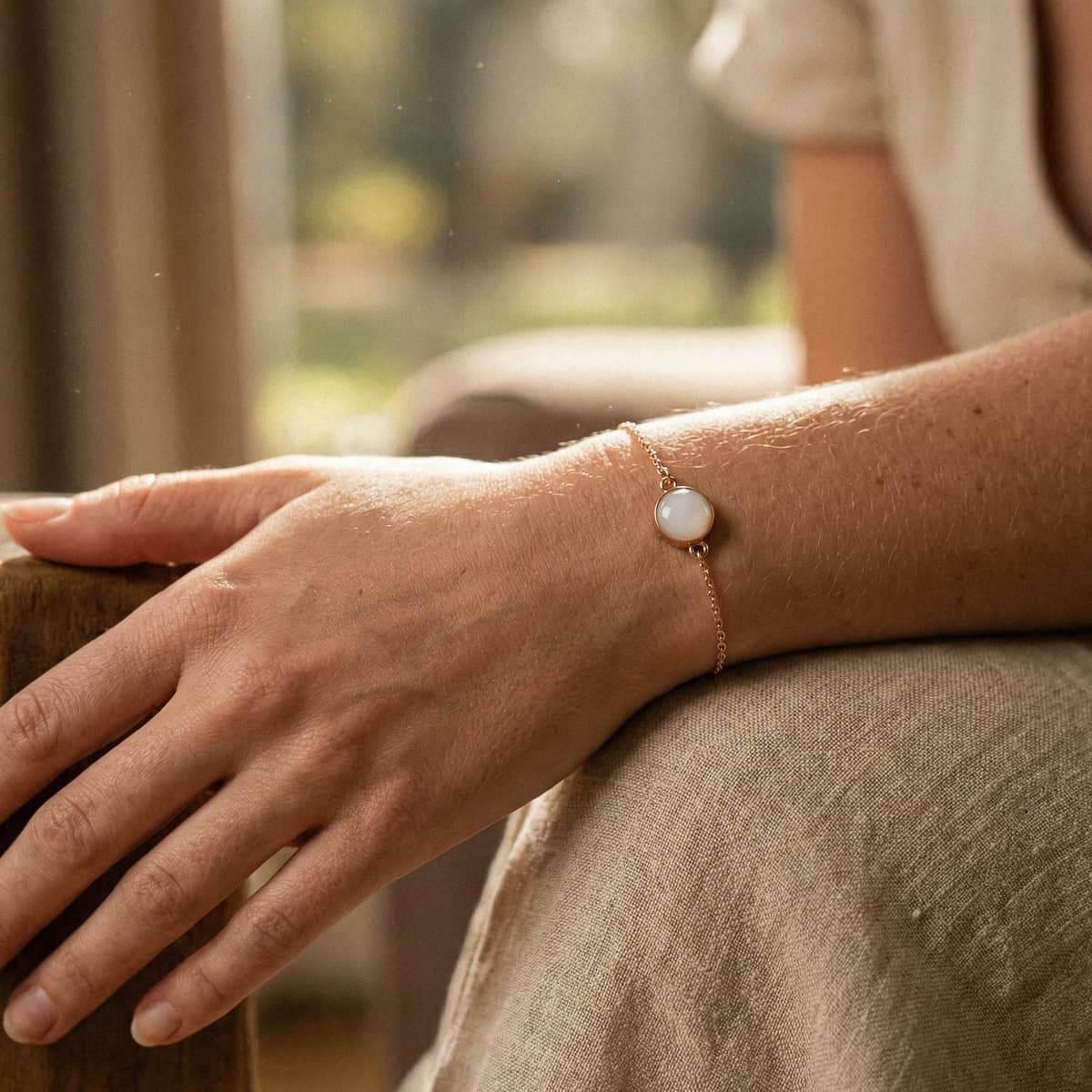 Close-up of a woman’s wrist resting on a chair, wearing a delicate rose-gold chain bracelet with a round milky-white resin stone made using a breastmilk bracelet diy making kit.