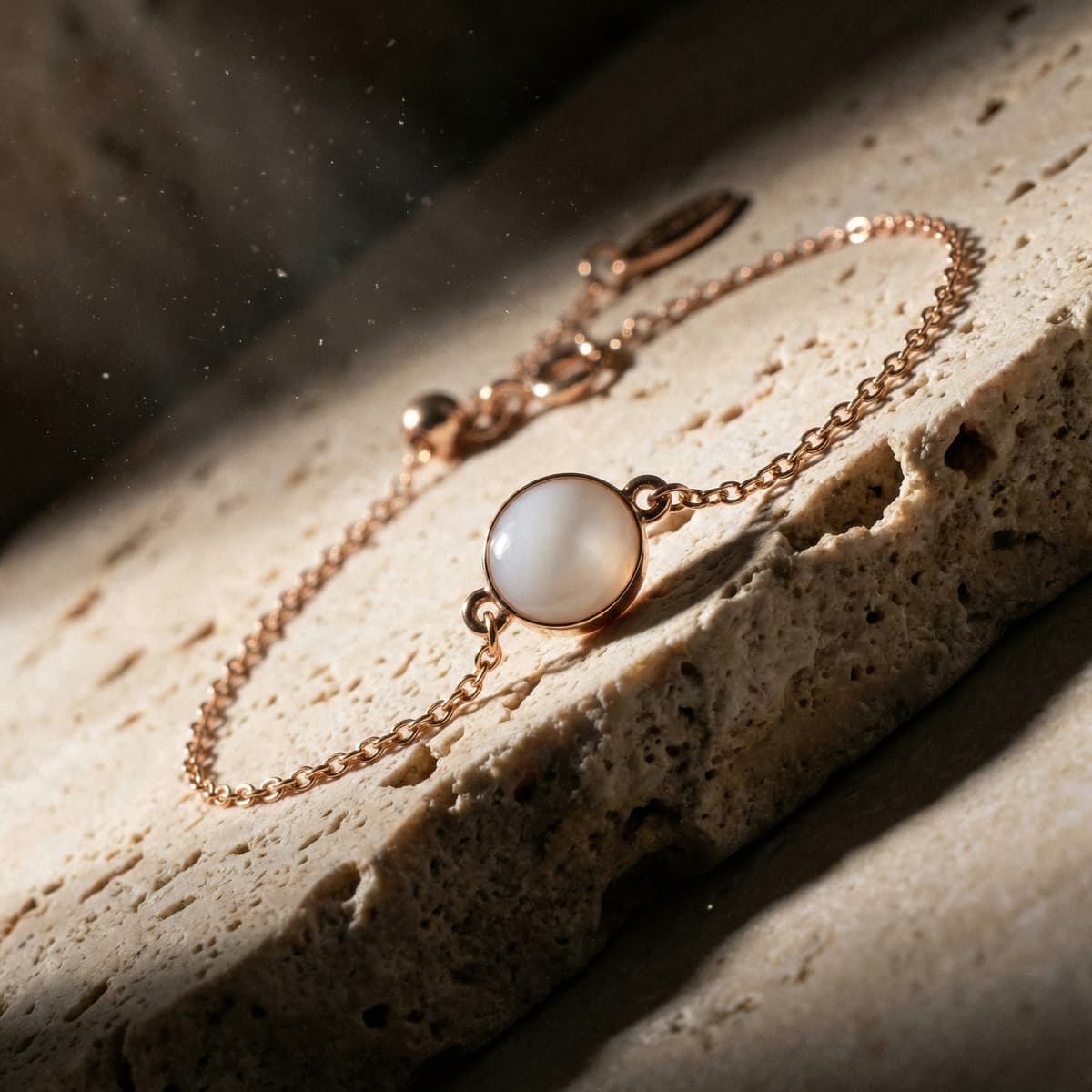 Rose gold chain bracelet with a round milky-white resin centerpiece on a textured stone surface, representing a breastmilk bracelet diy making kit keepsake in warm light.