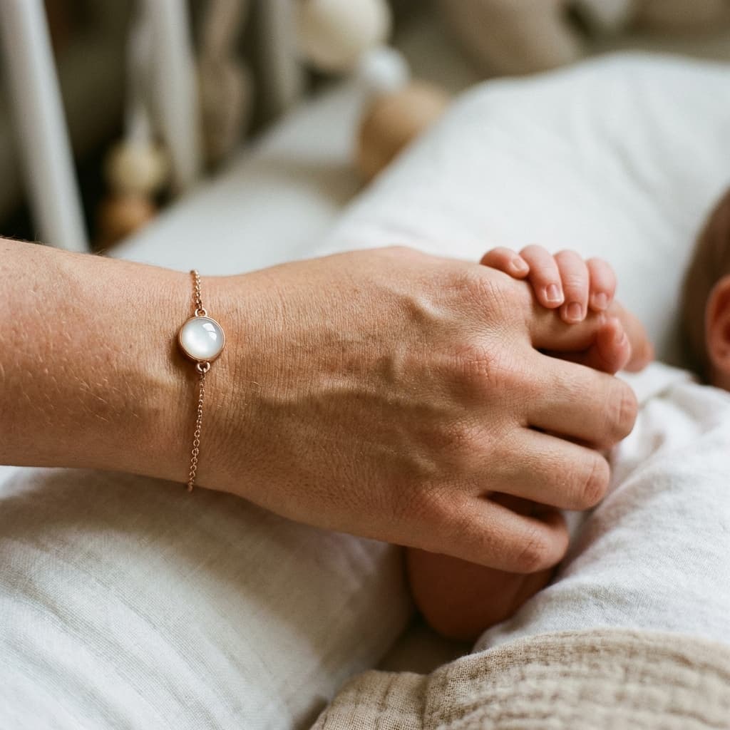 Mother holding a baby’s hand while wearing a delicate gold bracelet with a milky white resin stone, representing a breastmilk bracelet diy making kit keepsake jewelry idea.