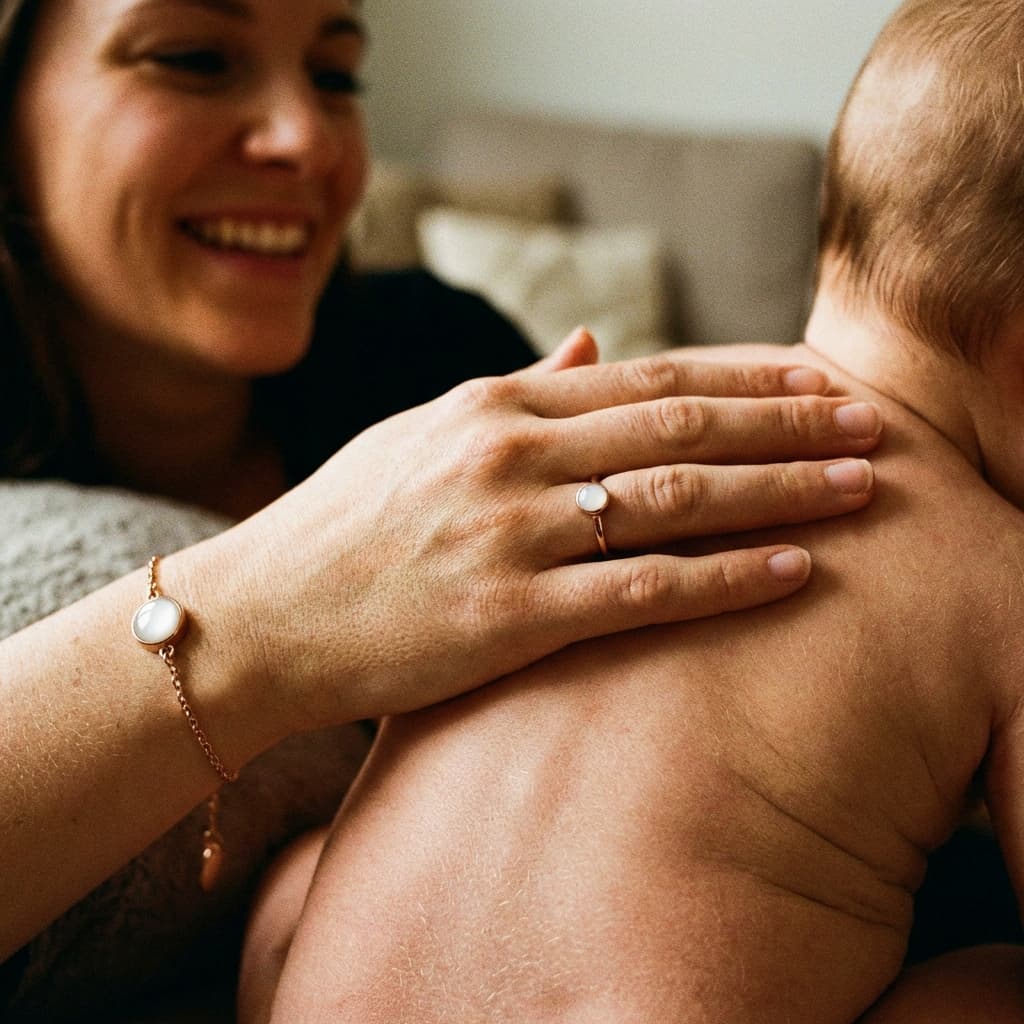 Mother cuddles her baby while wearing a keepsake bracelet and ring made with a breastmilk bracelet making kit, highlighting why the DIY by MILKIES at-home kit is a meaningful way to preserve motherhood memories.