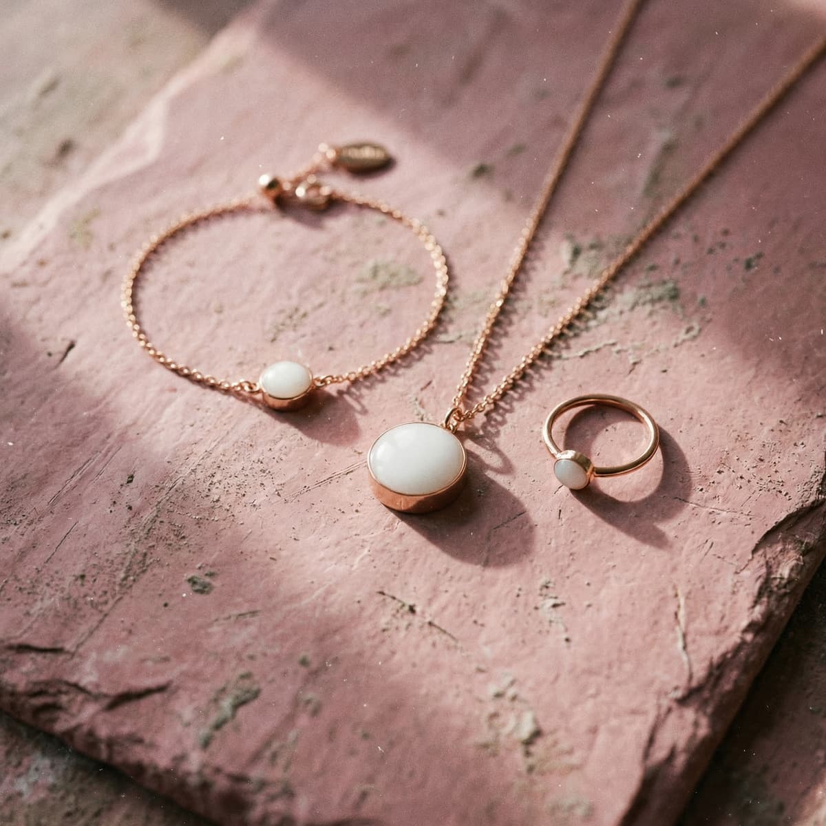 Minimal DIY jewelry set featuring the result of a breastmilk bracelets diy kit: gold chain bracelet, pendant necklace, and ring with smooth white resin stones on a textured pink background.