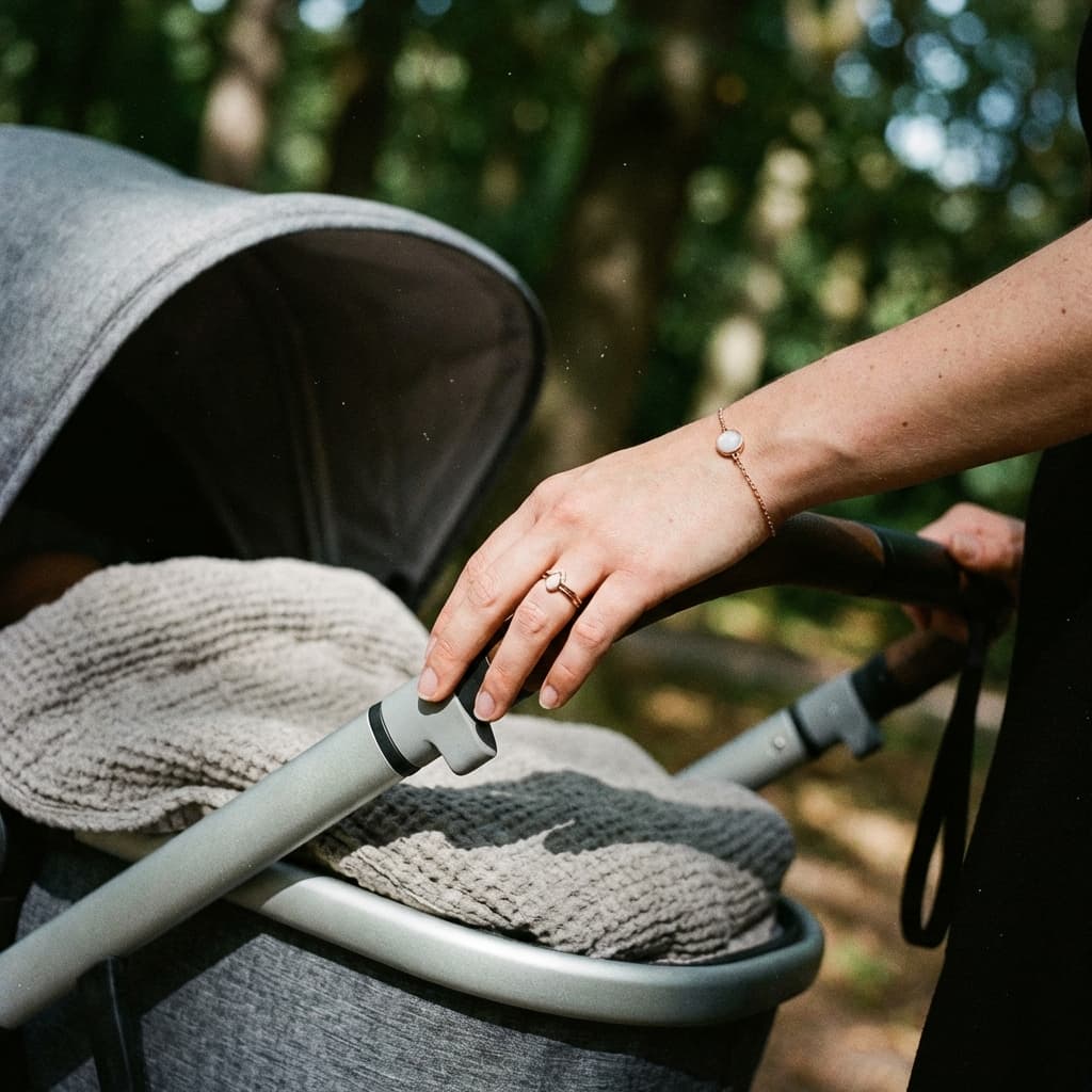 Mom’s hand on a stroller handle outdoors, wearing a delicate bracelet with a milky-white stone made using a breastmilk bracelets diy kit.