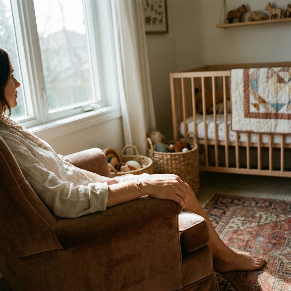 Mother relaxing in a sunlit nursery beside a wooden crib, wearing a delicate keepsake bracelet made with a breastmilk bracelets diy making kit.