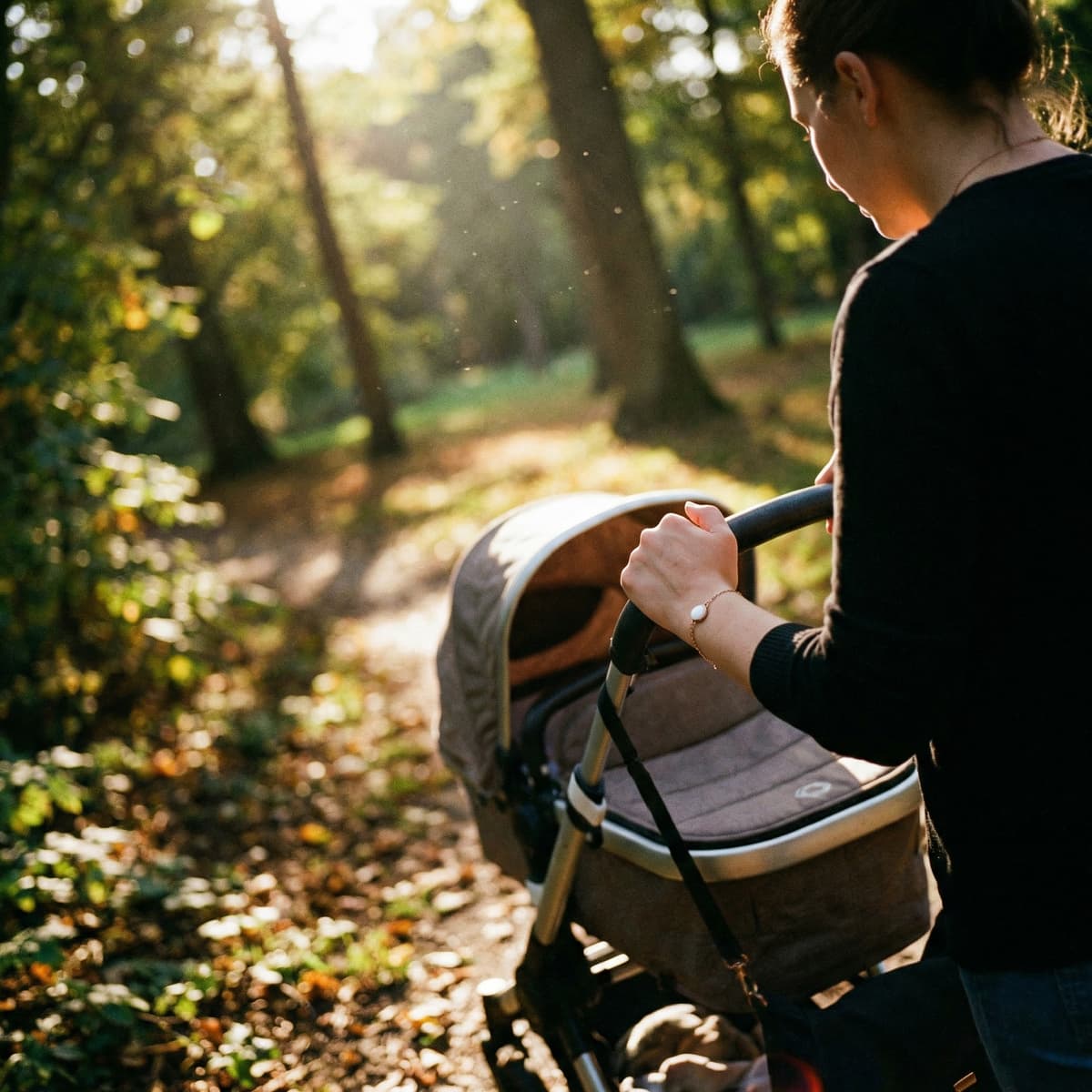 Lifestyle image of a mother pushing a baby stroller along a sunlit forest path while wearing a delicate bracelet, ideal for promoting a breastmilk bracelets making kit keepsake jewelry.