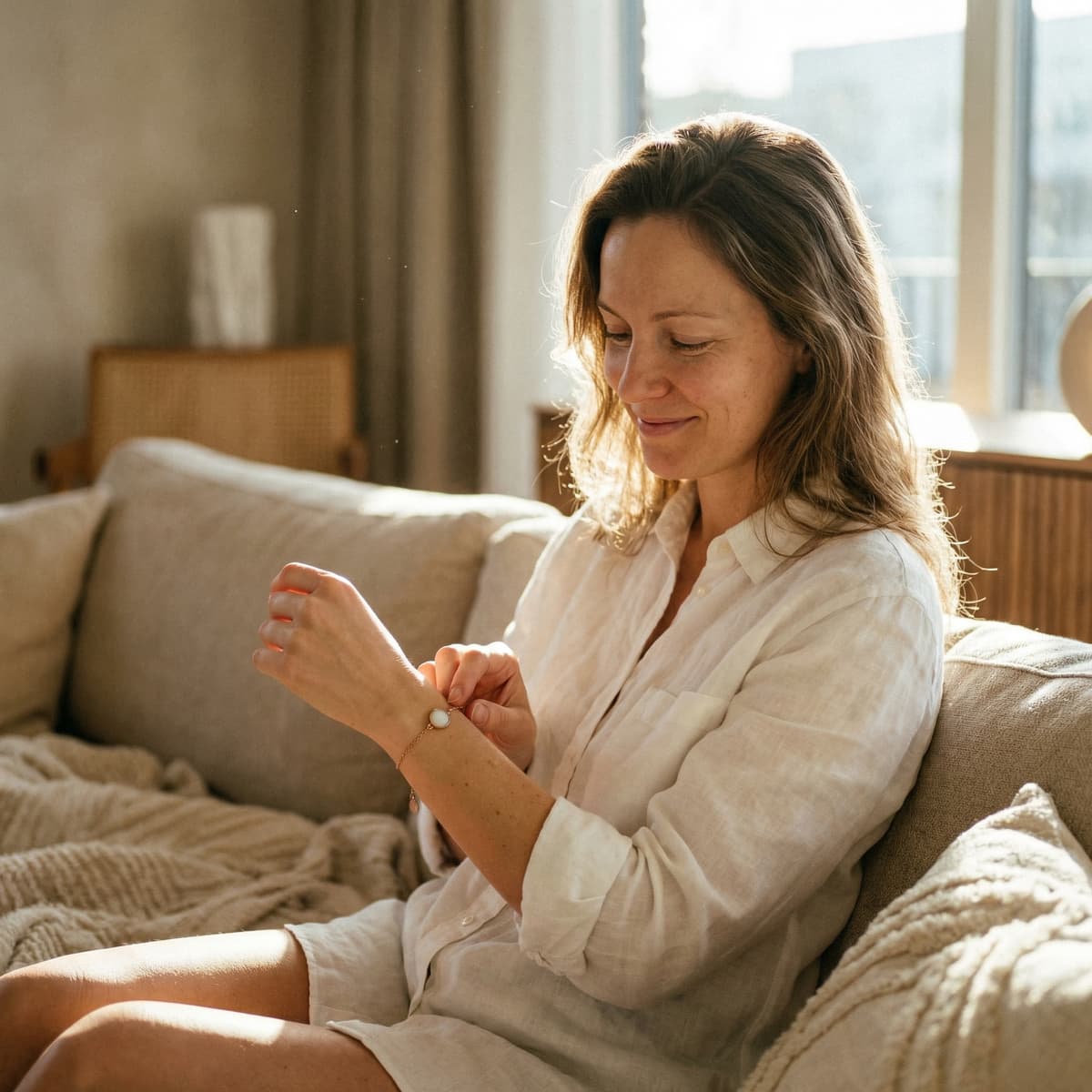 A smiling mother relaxes on a sunlit sofa, admiring a delicate keepsake bracelet as an example of why a breastmilk bracelets making kit is a meaningful at-home way to create a personal memento.