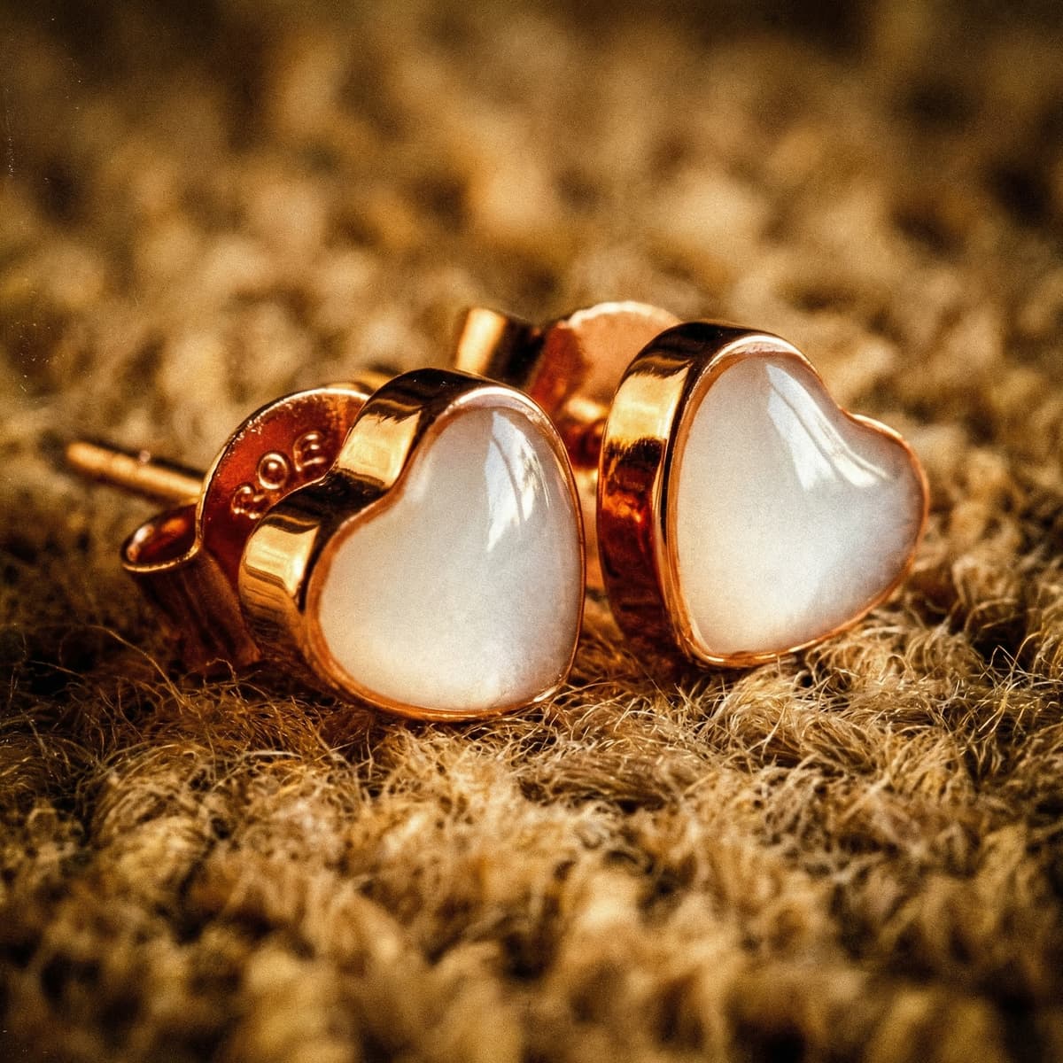 Close-up of rose gold heart stud earrings with milky-white resin keepsake made using a breastmilk earring diy making kit, displayed on a soft textured background.