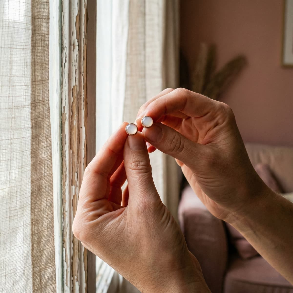 Hands hold finished white resin stud earrings near a window, showcasing results made with a personalized breastmilk earring making kit for a keepsake jewelry project.