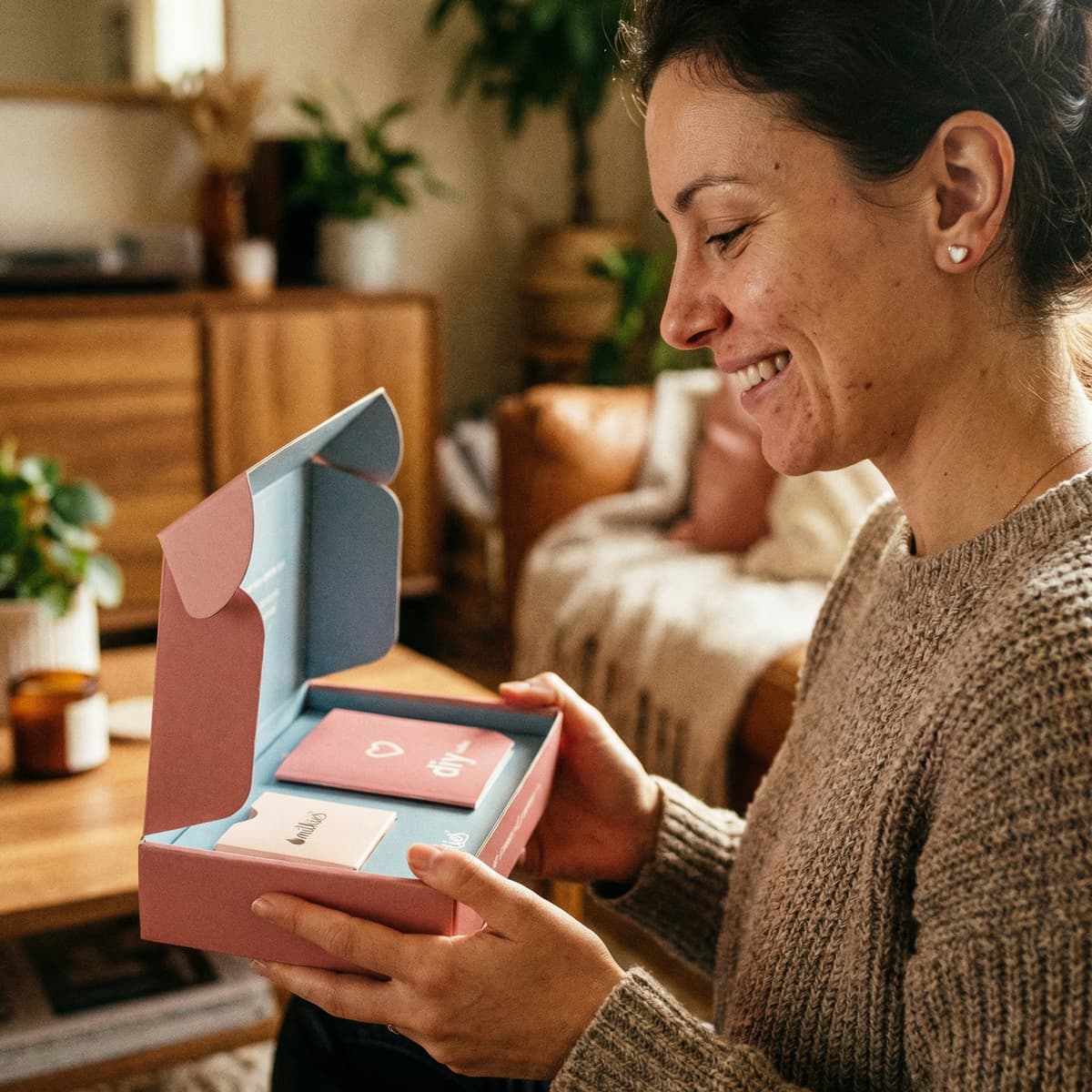 Smiling mom unboxing the DIY by MILKIES at-home keepsake set in her living room, showing why a breastmilk earrings diy making kit is a convenient and private way to create meaningful jewelry at home.