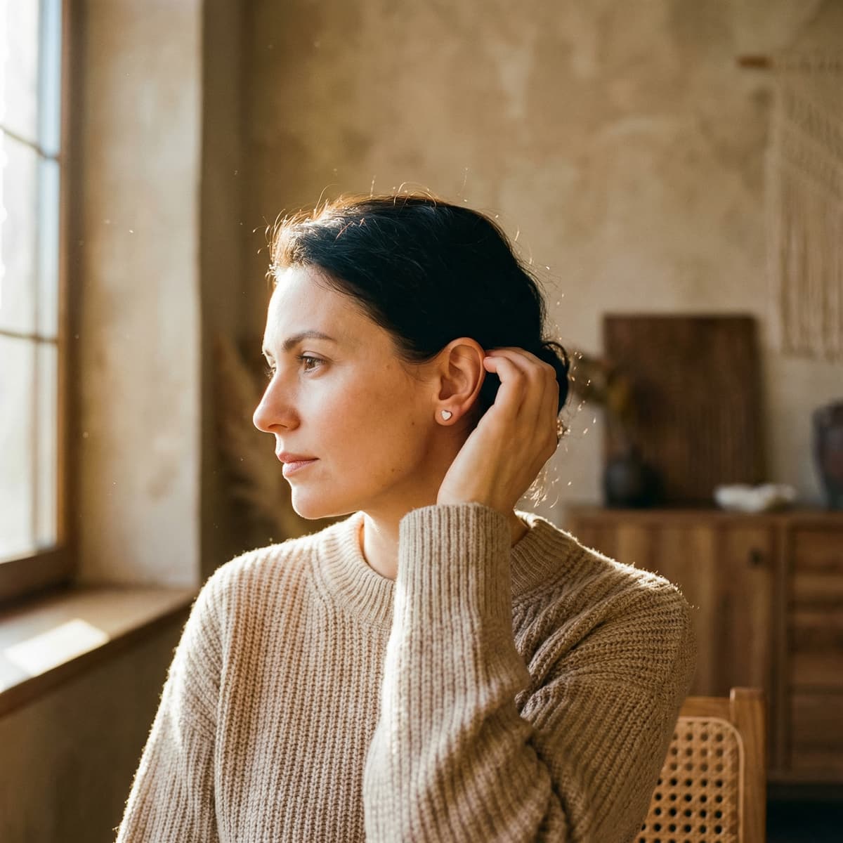 Woman in a beige knit sweater wearing small heart stud earrings at home in warm window light, suggesting a breastmilk earrings making kit keepsake project.