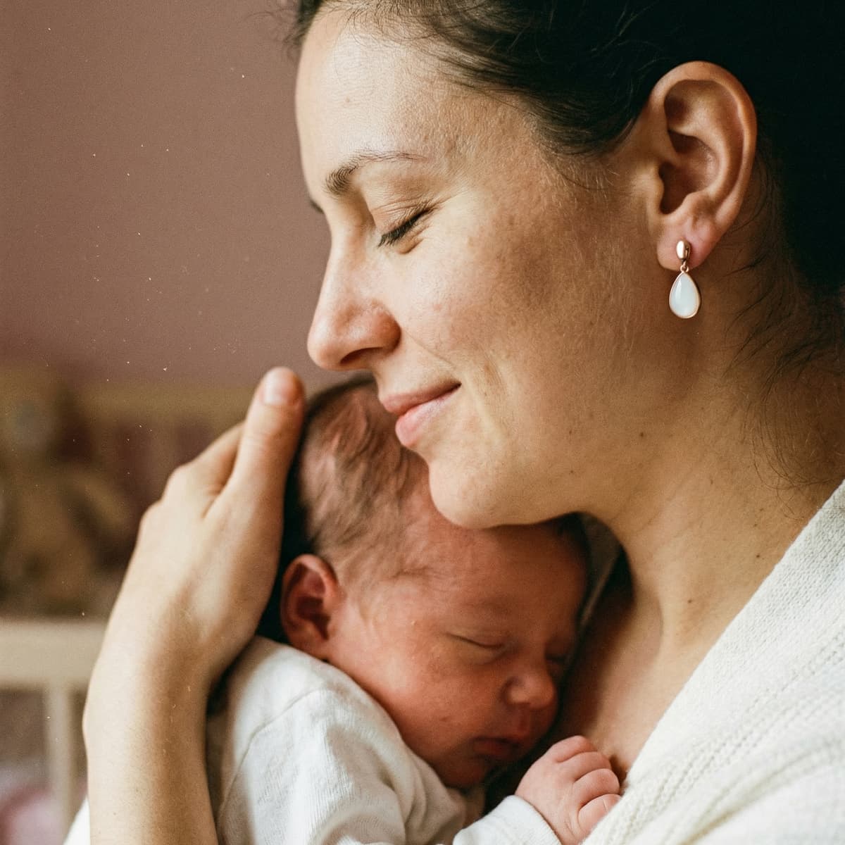 Mother cuddles her sleeping newborn while wearing delicate drop earrings, highlighting why a breastmilk earrings making kit like DIY by MILKIES is a meaningful at-home keepsake for preserving a breastfeeding memory.