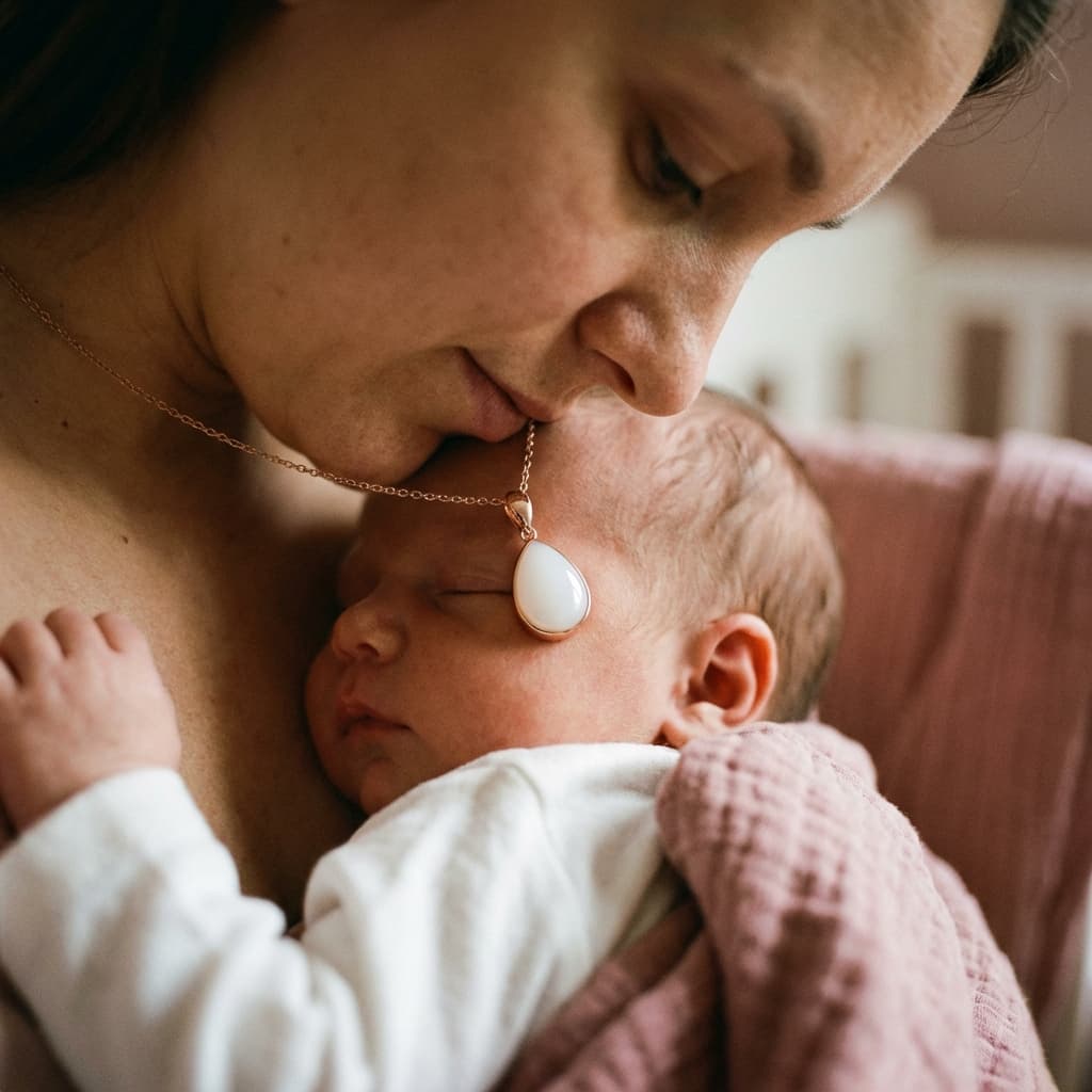 Mother cuddling a sleeping newborn while wearing a teardrop breastmilk keepsake pendant necklace made with a breastmilk jewellery diy making kit.