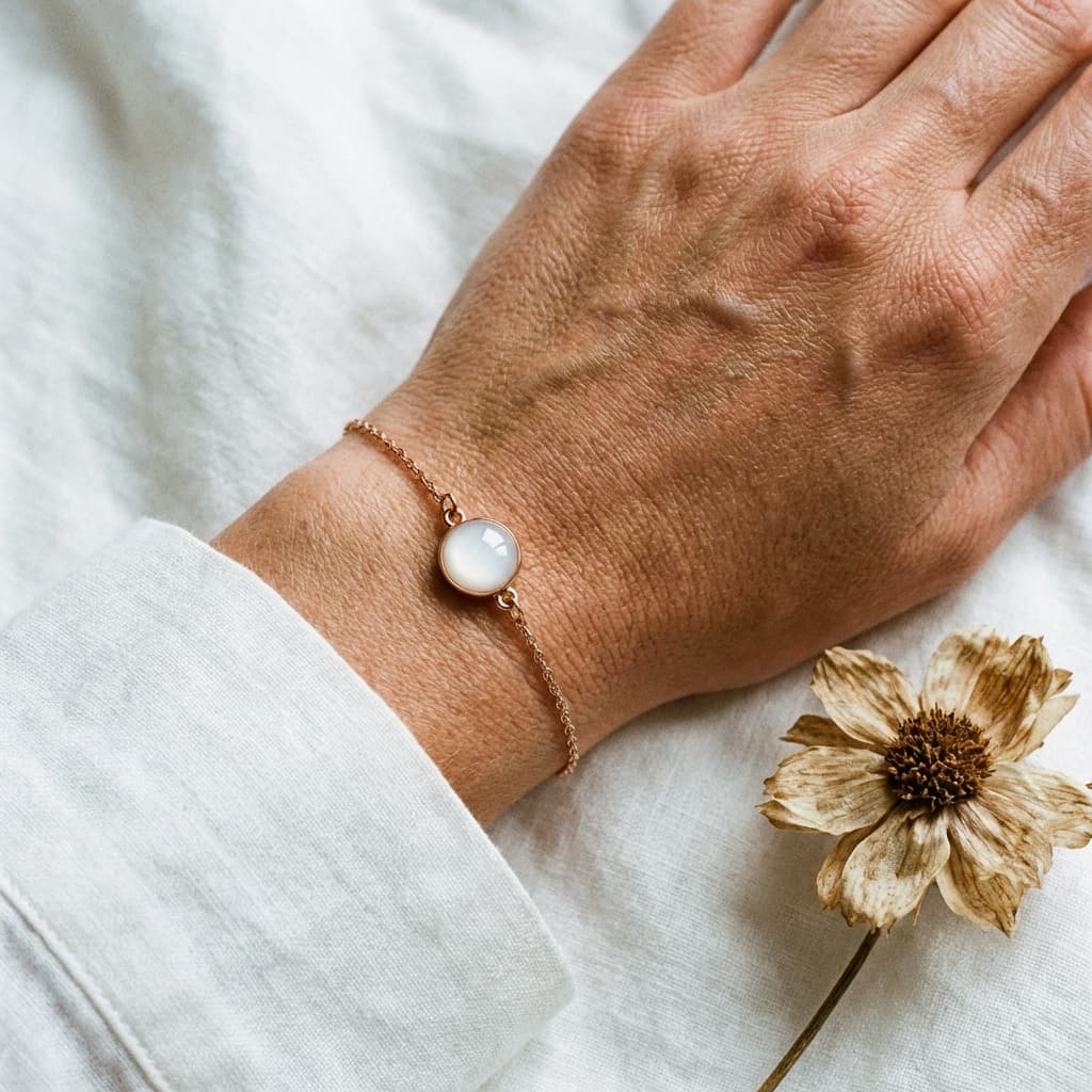 Delicate gold bracelet on a woman’s wrist featuring a round milky-white resin charm, styled on soft fabric beside a dried flower, showcasing results from a breastmilk jewellery diy making kit.