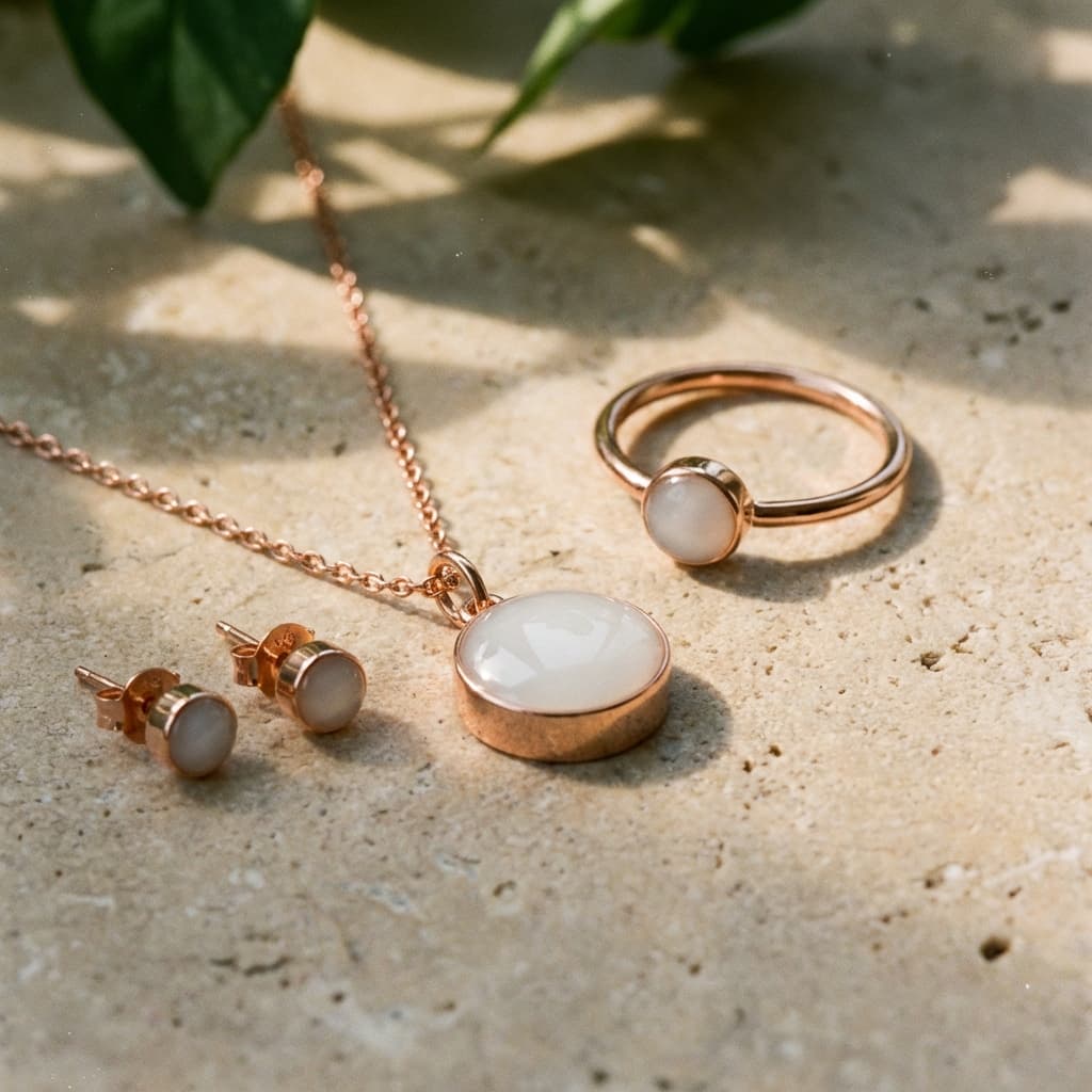 Rose gold necklace pendant, ring and stud earrings with milky white resin stones displayed on a stone surface, showcasing an example result from a breastmilk jewellery diy making kit.