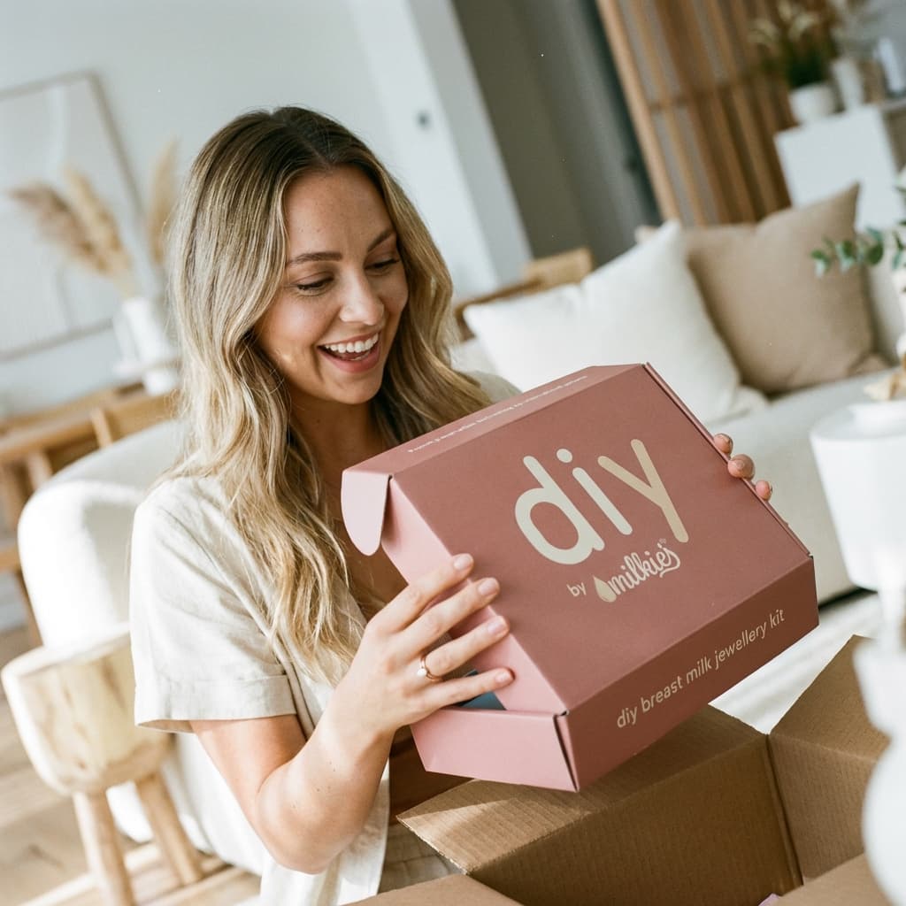 Smiling mom unboxing DIY by MILKIES at-home kit, a breastmilk jewellery diy making kit that shows why the all-in-one keepsake set makes it easy and private to create breast milk jewellery at home.