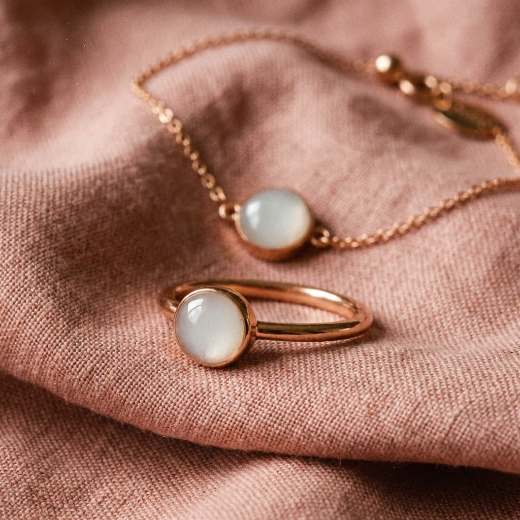 Rose gold ring and necklace with milky white resin stones displayed on soft pink fabric, showcasing finished keepsakes made using a breastmilk jewellery making kit at home.