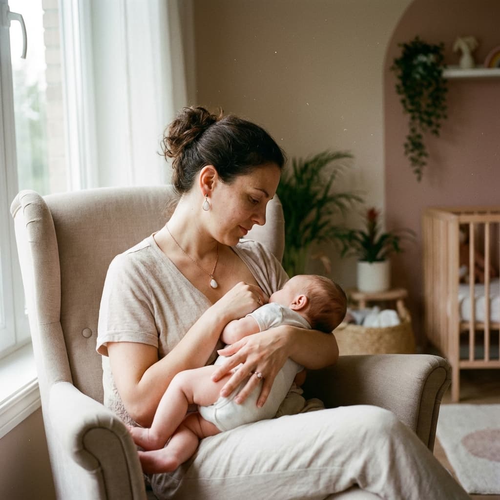 Mother breastfeeding her baby in a cozy nursery, highlighting why choosing a breastmilk jewellery making kit is a meaningful way to preserve this special moment at home.