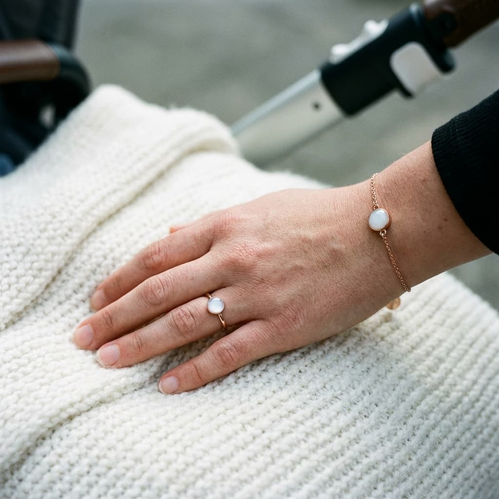 Mother’s hand resting on a knitted blanket, wearing a matching breastmilk ring and bracelet made with a breastmilk jewelry diy kit, featuring milky-white resin stones.