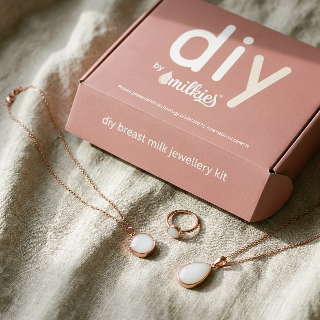 Pink DIY by MILKIES box with rose-gold keepsake pieces on linen, showing a breastmilk jewelry diy kit for making a necklace pendant, teardrop charm, and ring at home.