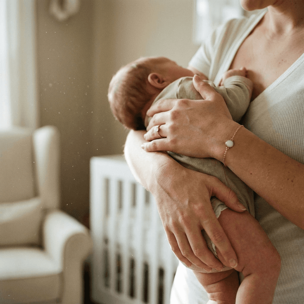 Mother holding her newborn in a nursery while wearing a keepsake bracelet, showing why a breastmilk jewelry diy kit is a meaningful, private way to create a hands-on motherhood memento at home.