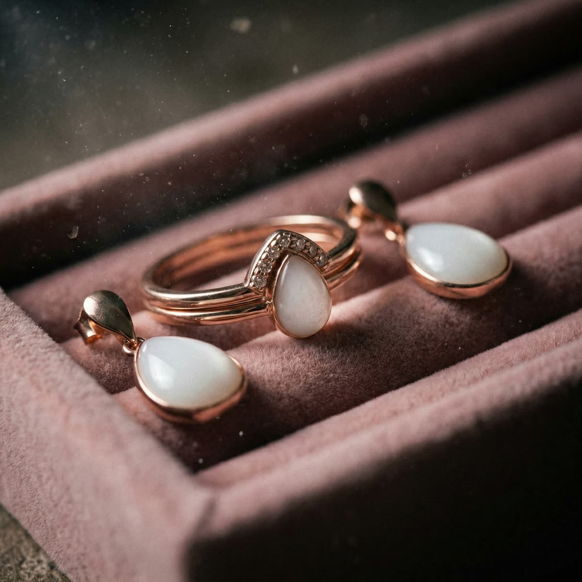 Rose gold ring with a white teardrop stone and matching teardrop earrings displayed in a velvet jewelry box, showcasing a breastmilk jewelry diy making kit keepsake set.