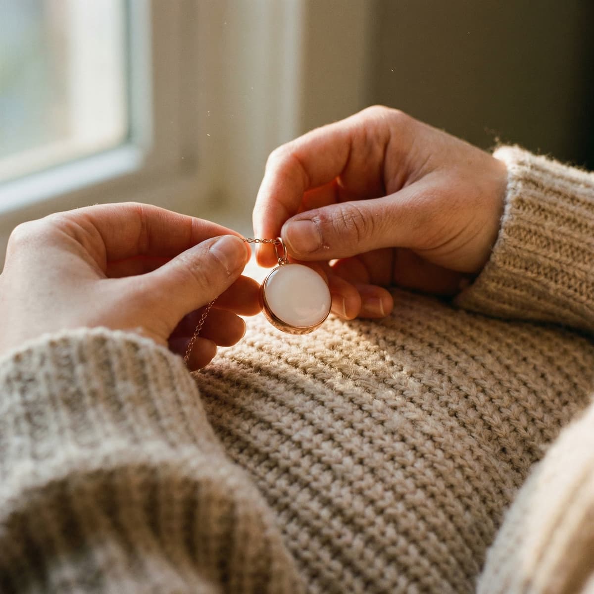 Hands holding a gold pendant necklace with a milky white resin stone, showcasing a breastmilk jewelry diy making kit keepsake crafted at home in warm natural light.