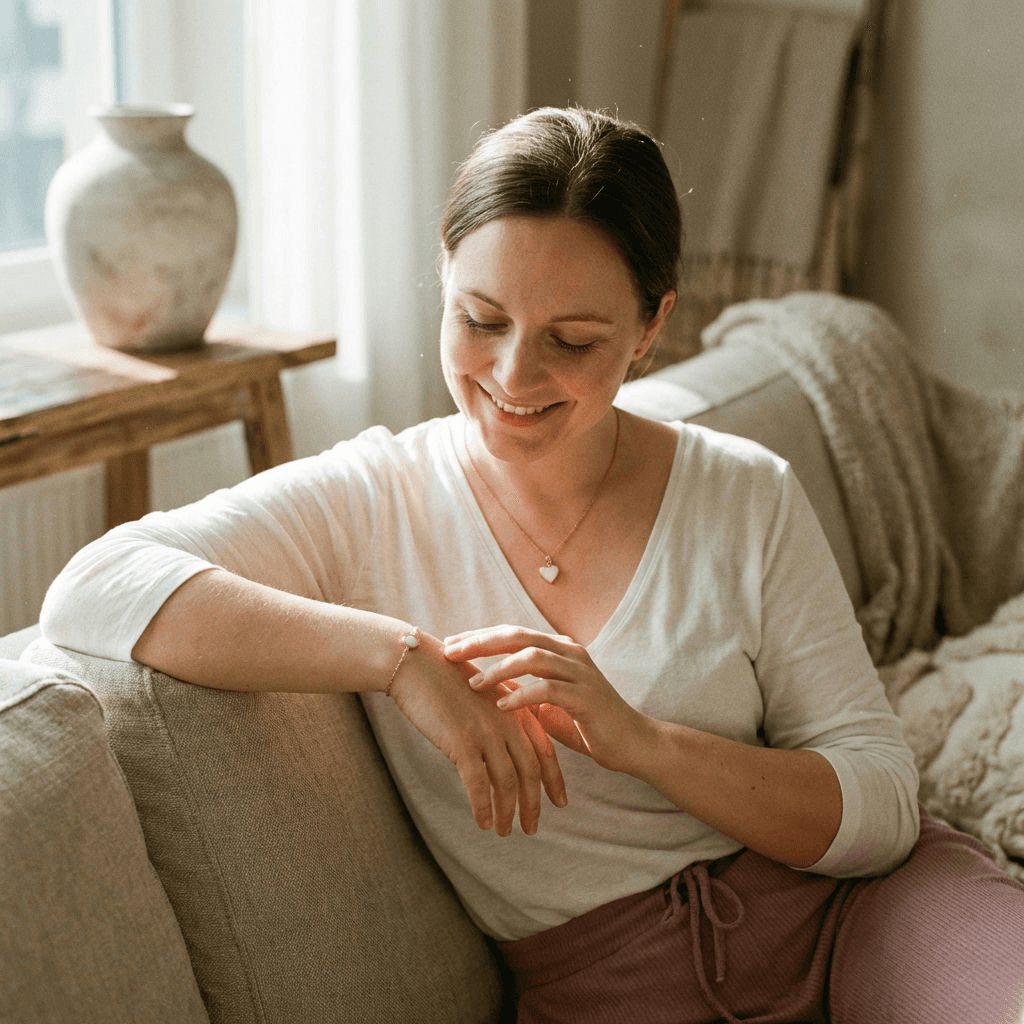 Mom relaxing at home admiring her keepsake bracelet, showing why a breastmilk jewelry diy resin kit is a meaningful, private way to create a personal memento.