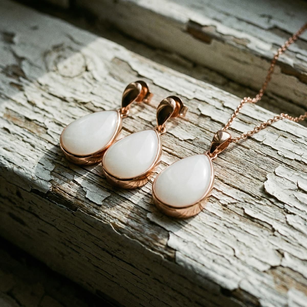 Rose gold teardrop necklace and matching earrings with milky white resin stones made using a breastmilk jewelry making kit, displayed on a rustic wooden surface.
