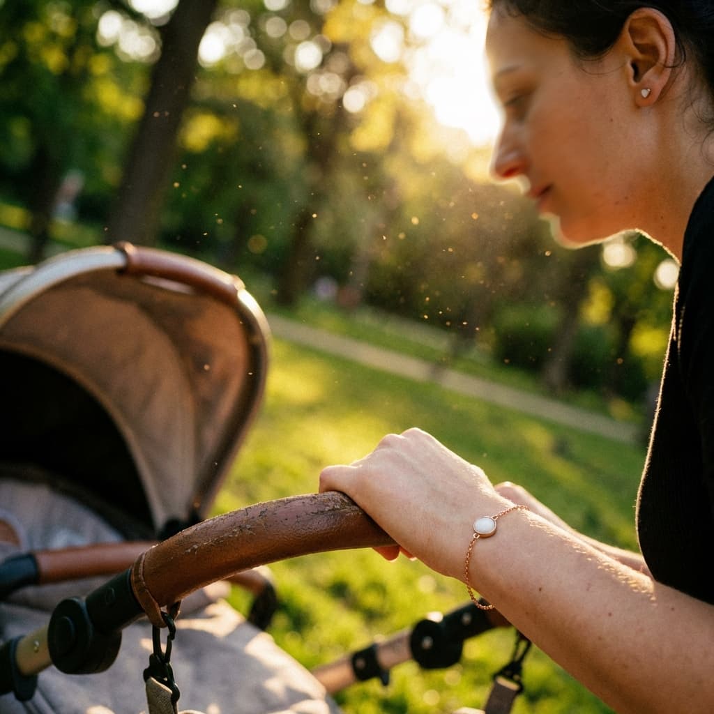 Mother pushing a stroller at sunset in a park, wearing a delicate bracelet with a milky stone made using a breastmilk jewelry making kit.