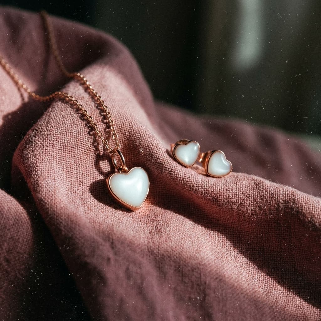 Heart-shaped breastmilk keepsake jewelry set on soft pink fabric, made with a breastmilk jewelry resin kit, featuring a rose-gold necklace pendant and matching stud earrings.