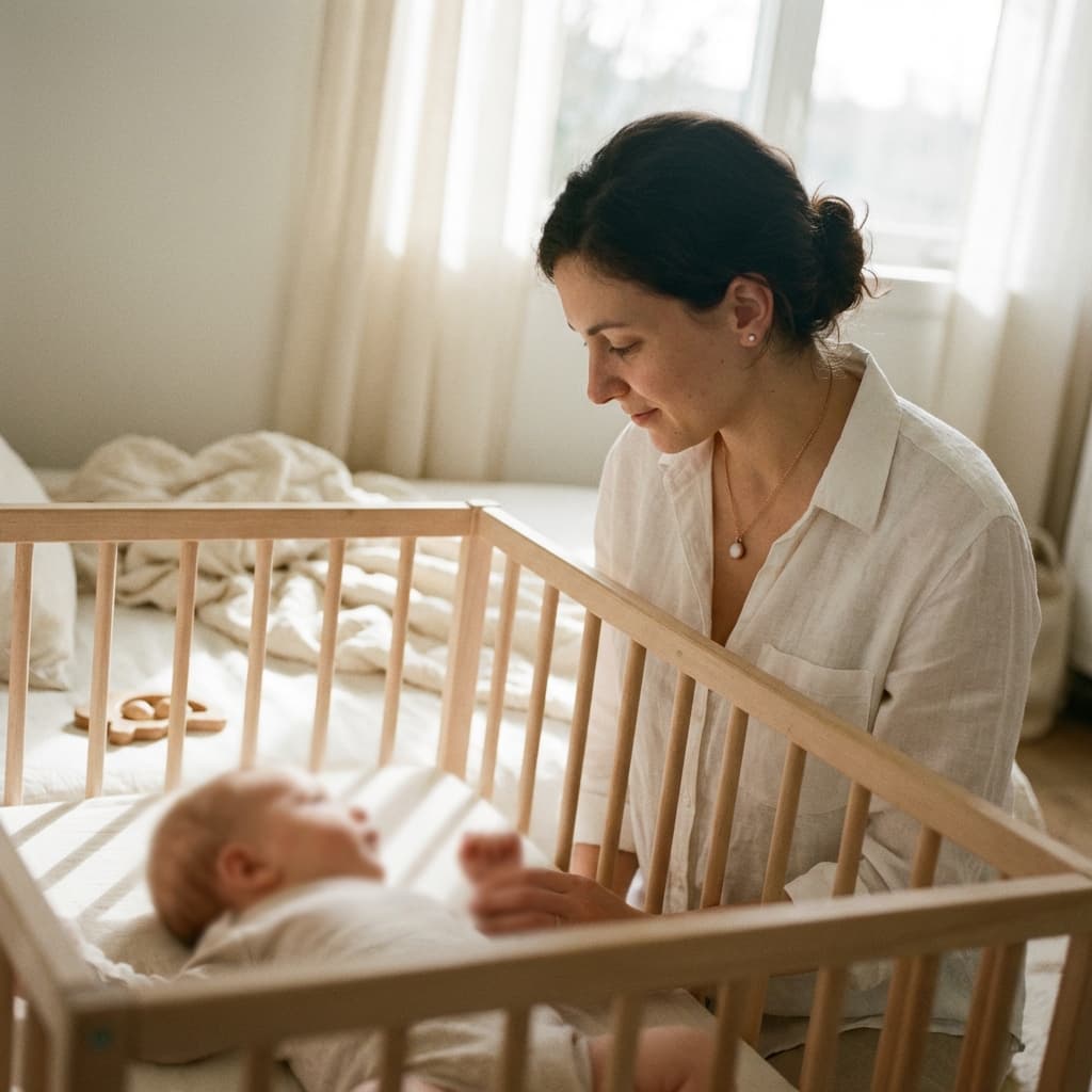Mother sits beside a wooden crib, gazing at her newborn in a softly lit bedroom while wearing a pearl-like pendant made with a breastmilk jewelry resin kit.