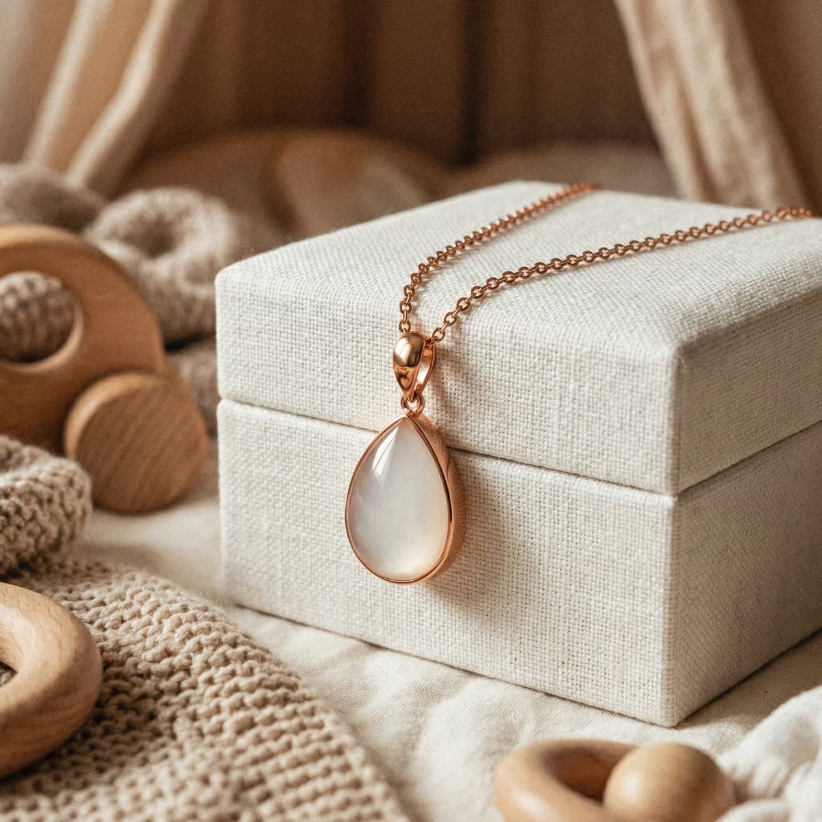 Rose gold teardrop breastmilk keepsake pendant necklace on a chain draped over a linen jewelry box with neutral baby items, showcasing a breastmilk necklace diy making kit.