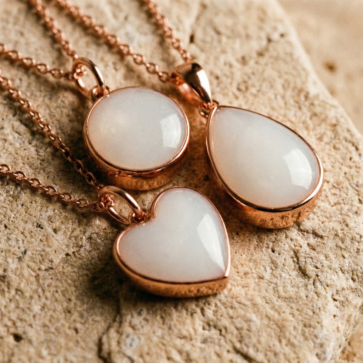 Close-up of three rose-gold pendants (heart, oval, and round) with milky white resin stones, showing the elegant keepsake jewelry you can create with a breastmilk necklace diy making kit.