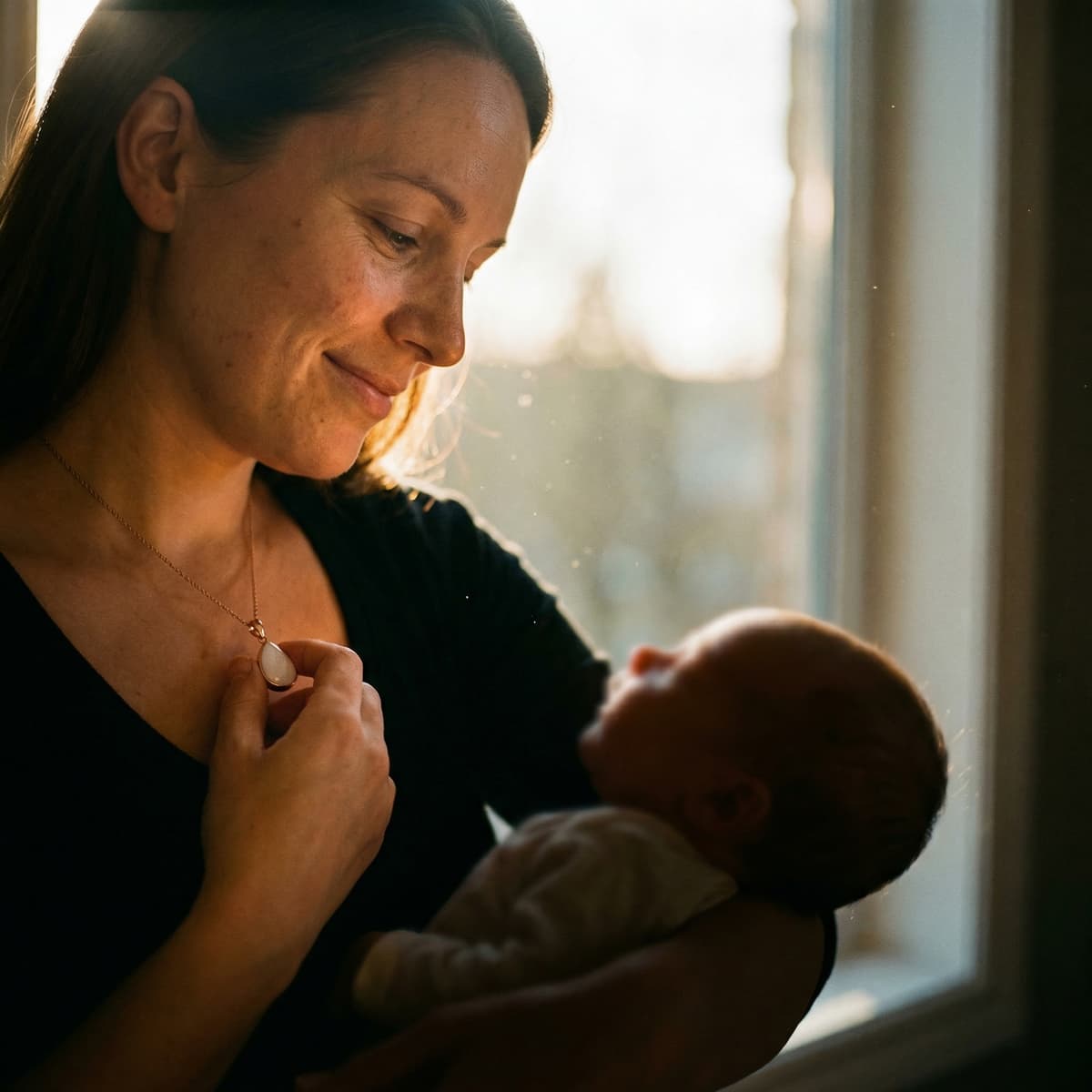Mother holds a baby by a window while touching a milky white pendant, highlighting how a breastmilk necklace diy making kit lets moms privately create a meaningful breastfeeding keepsake at home.